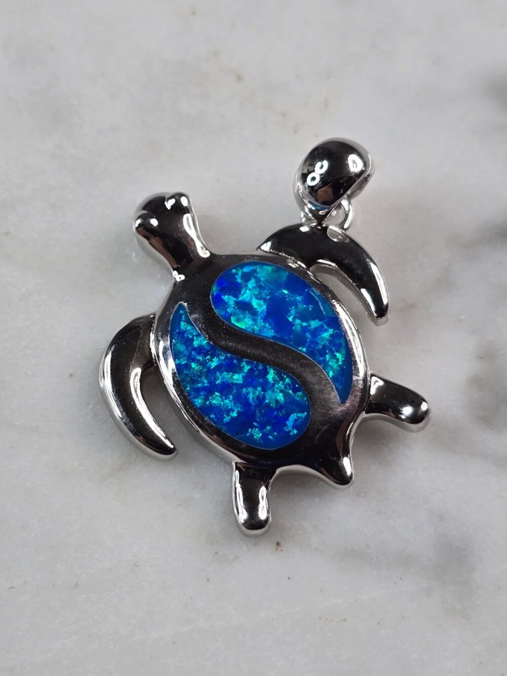 Womens Sterling Silver Blue Opal Sea Turtle Pendant 3.1g E2306